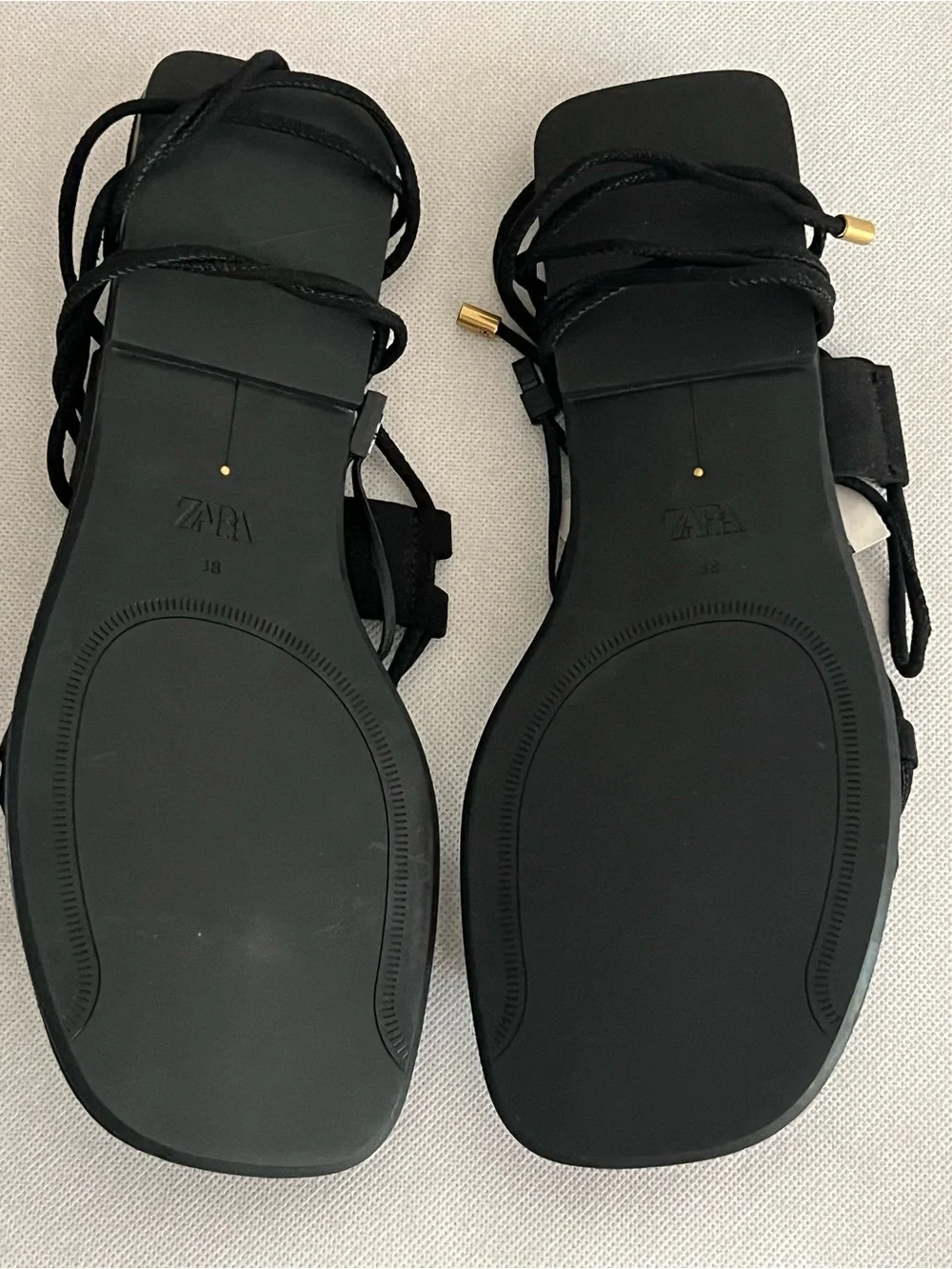 ZARA Black Lace-Up Sandals with Gold Toe Accent - Picture 7 of 9